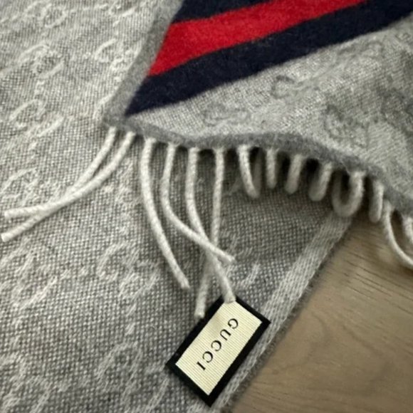 Authentic GUCCI GG Wool Monogram Scarf (Red/Blue/Gray) - Picture 2 of 3